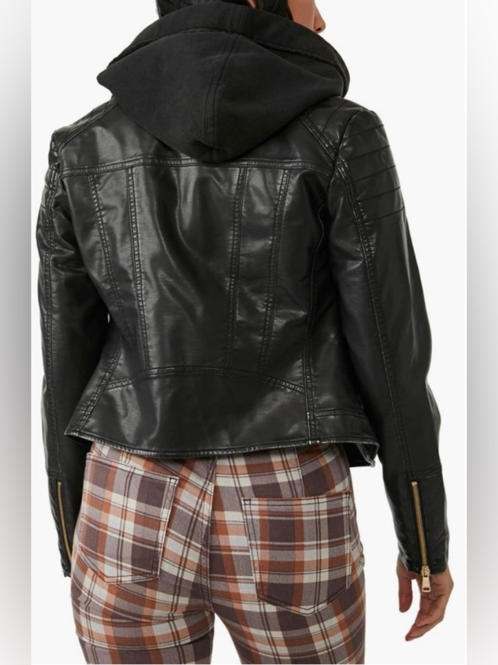 🔥Free People We The Free Harriett Black Vegan Leather Hooded Moto Jacket *Tear* - Picture 5 of 15